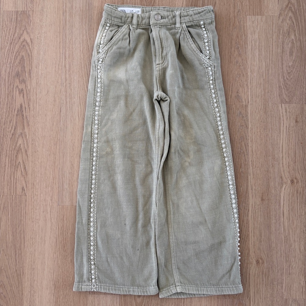 Zara Light Olive High-Waist Trousers with studded pearls along the side